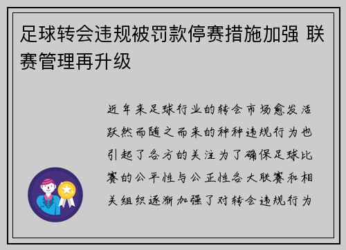 足球转会违规被罚款停赛措施加强 联赛管理再升级
