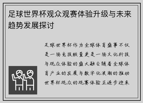 足球世界杯观众观赛体验升级与未来趋势发展探讨 足球世界杯观众观赛体验升级与未来趋势发展探讨