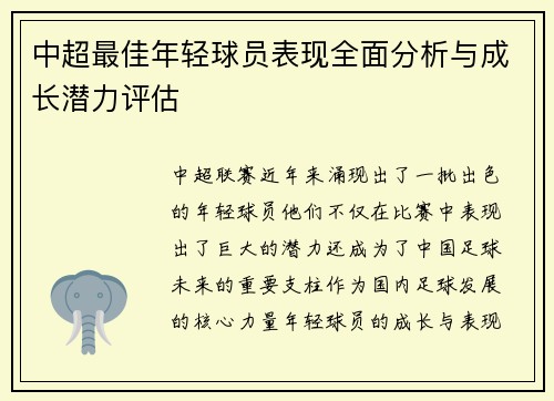 中超最佳年轻球员表现全面分析与成长潜力评估